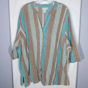 Liz & Me Top Sz 3X Colorful Stripes Sequins Button Up Side Slits Vneck Boho Chic